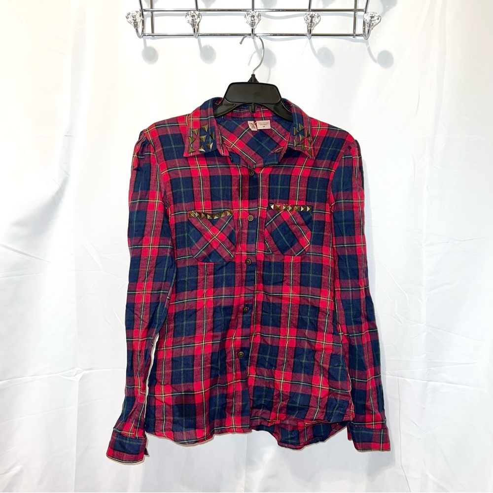 Charlotte Russe Studded Red & Navy Blue Plaid Shirt